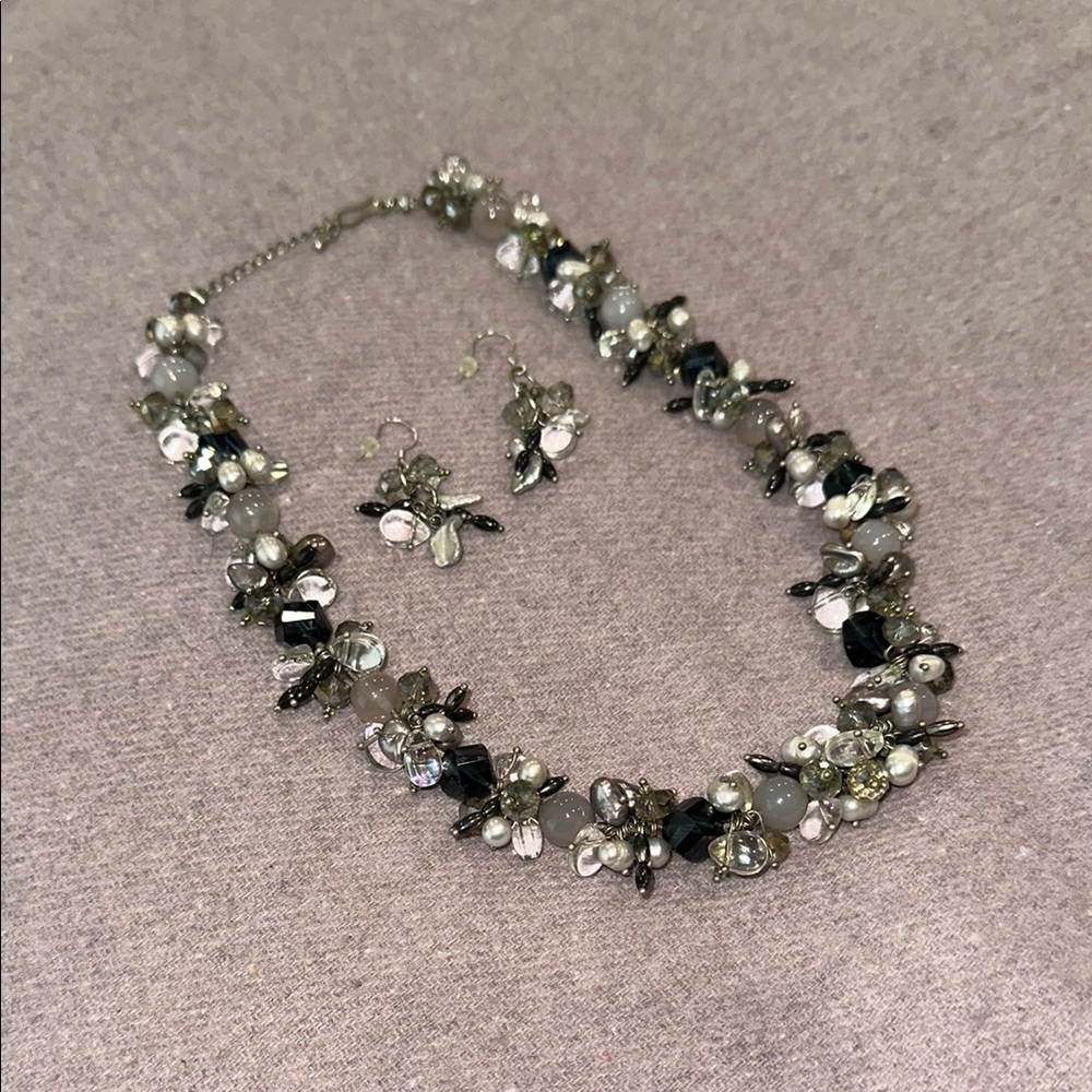 Elegant Silver and Black Beaded Necklace and Earring Set